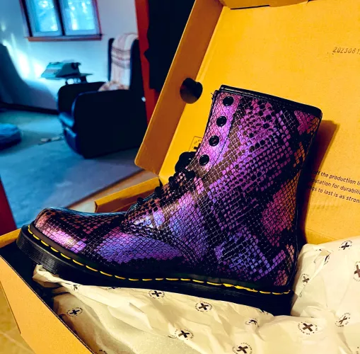 Welcome home, purple snakeskin Dr. Martens!