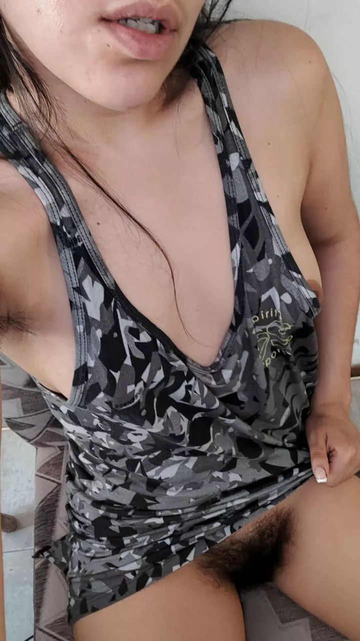 so hot I couldn't wear panties today, I hope I don't mind seeing my full bush exposed when I spread my legs while we study together