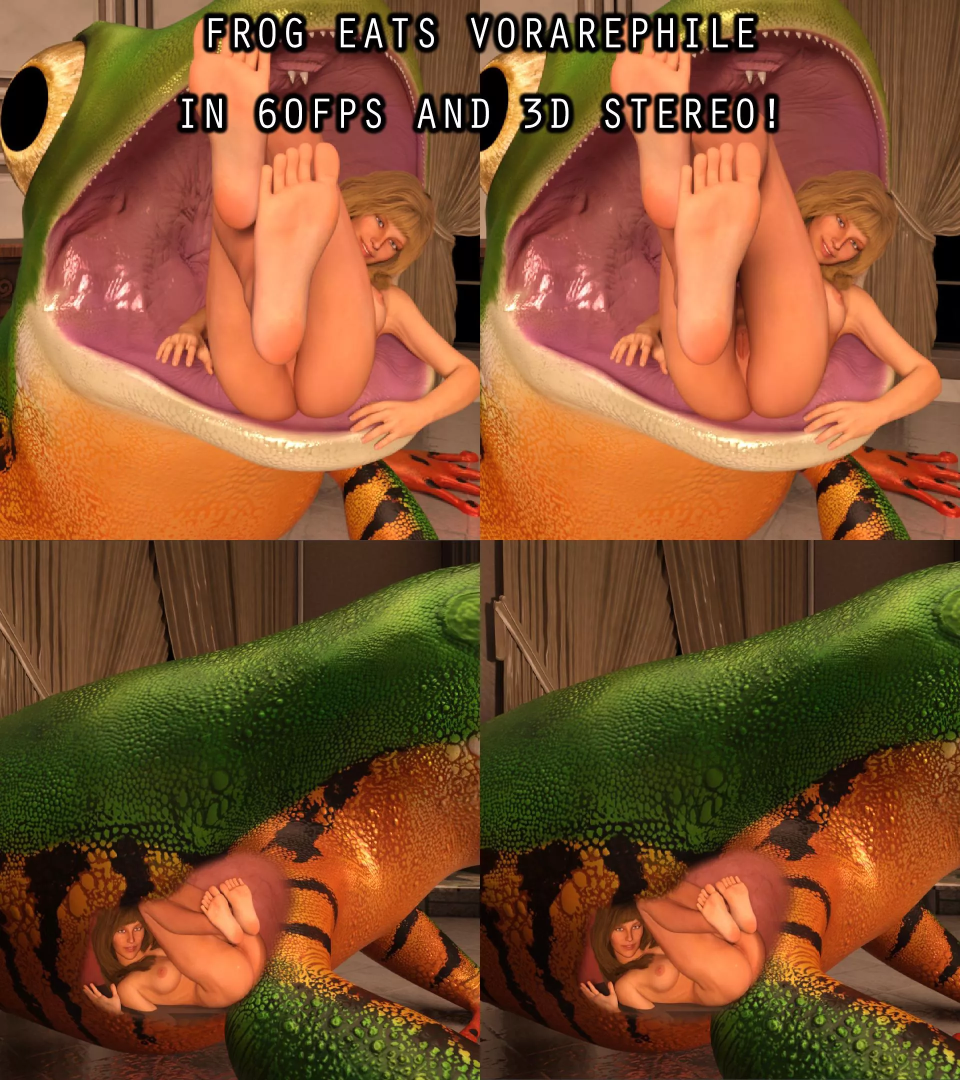{video} 3D UPDATE: Frog Eats Vorarephile(?/Frog)(F/Human)(Soft)(Oral)(unwilling)(nsfw)(OC: WormsignVore Animations)