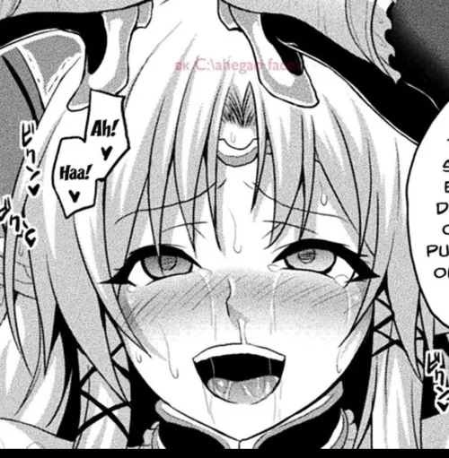 LF Mono Source: 1girl, ahegao, face, closed up, blush, tears, drool, open mouth, tongue, upper teeth, legs, crouching, thick eyelashes, long ears, Ah! Haa!