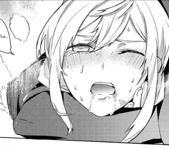 LF Mono Source: 1girl, choking, tear, sweat, drool, blush, open mouth, upper teeth, bangs, one eye closed