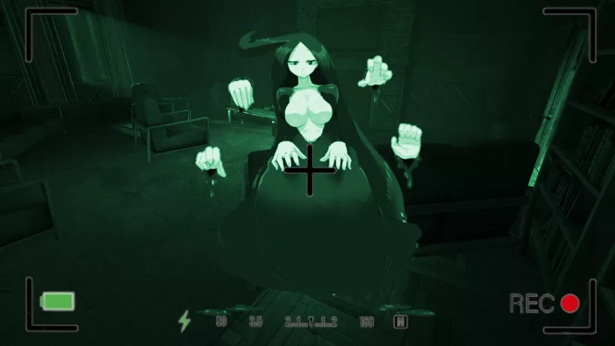 “Is the house really haunted?” You ask nervously. A dare led you to an alleged haunted manor nearby. Armed with a recorder, you enter. The interior is pitch black. Quivering, you raise the recorder to eye level, activating the night vision. A shadowy