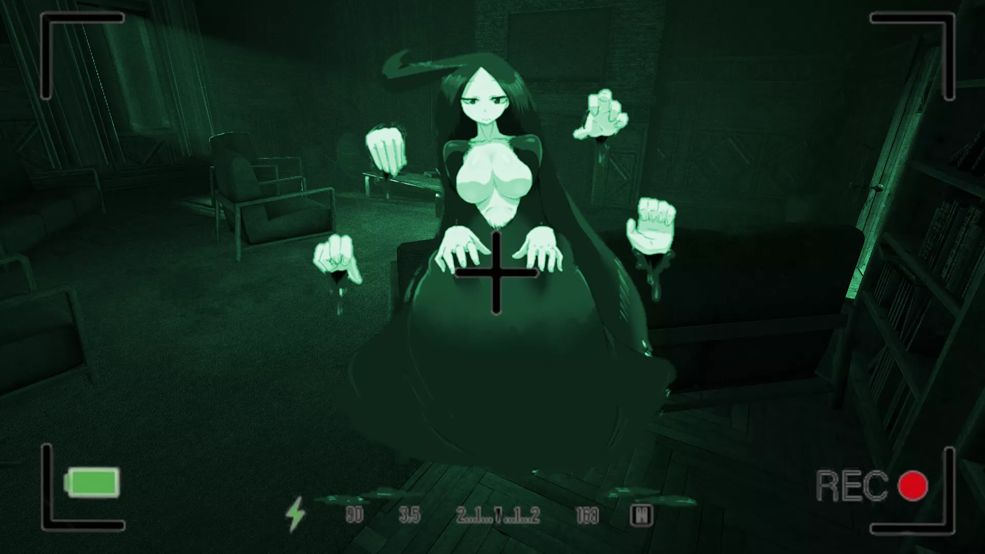 “Is the house really haunted?” You ask nervously. A dare led you to an alleged haunted manor nearby. Armed with a recorder, you enter. The interior is pitch black. Quivering, you raise the recorder to eye level, activating the night vision. A shadowy