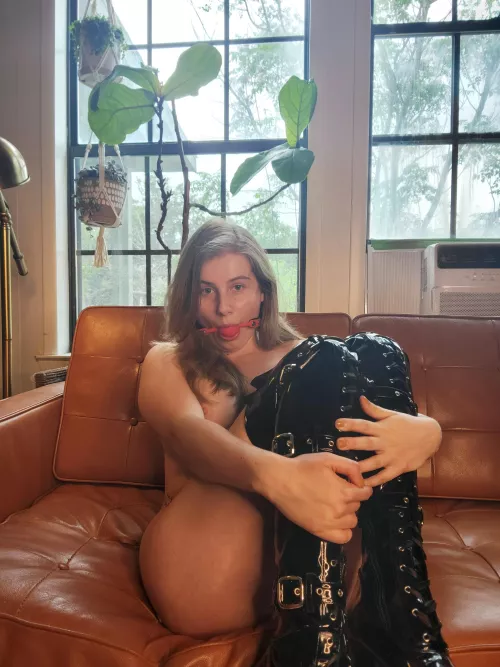 It's a little cold on the couch with just boots and a gag 🧊