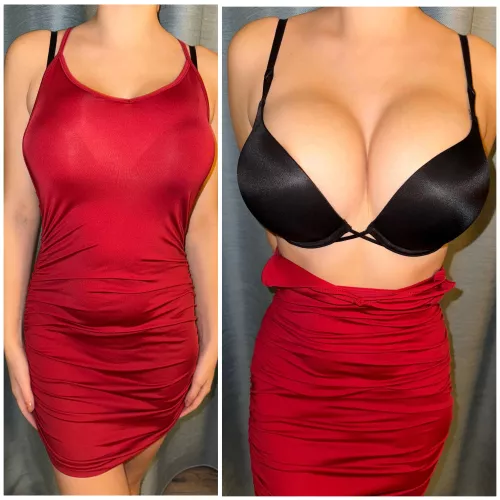 Me (19y, busty petite) with my red tight dress and what’s underneath 💞