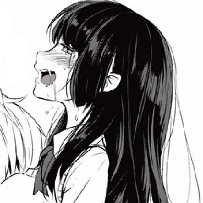LF Mono Source: 1girl, ahegao, closed up, black hair, long hair, hime cut, flat bangs, side locks, blush, necktie, school uniform, tears, open mouth, drool, boob sucking