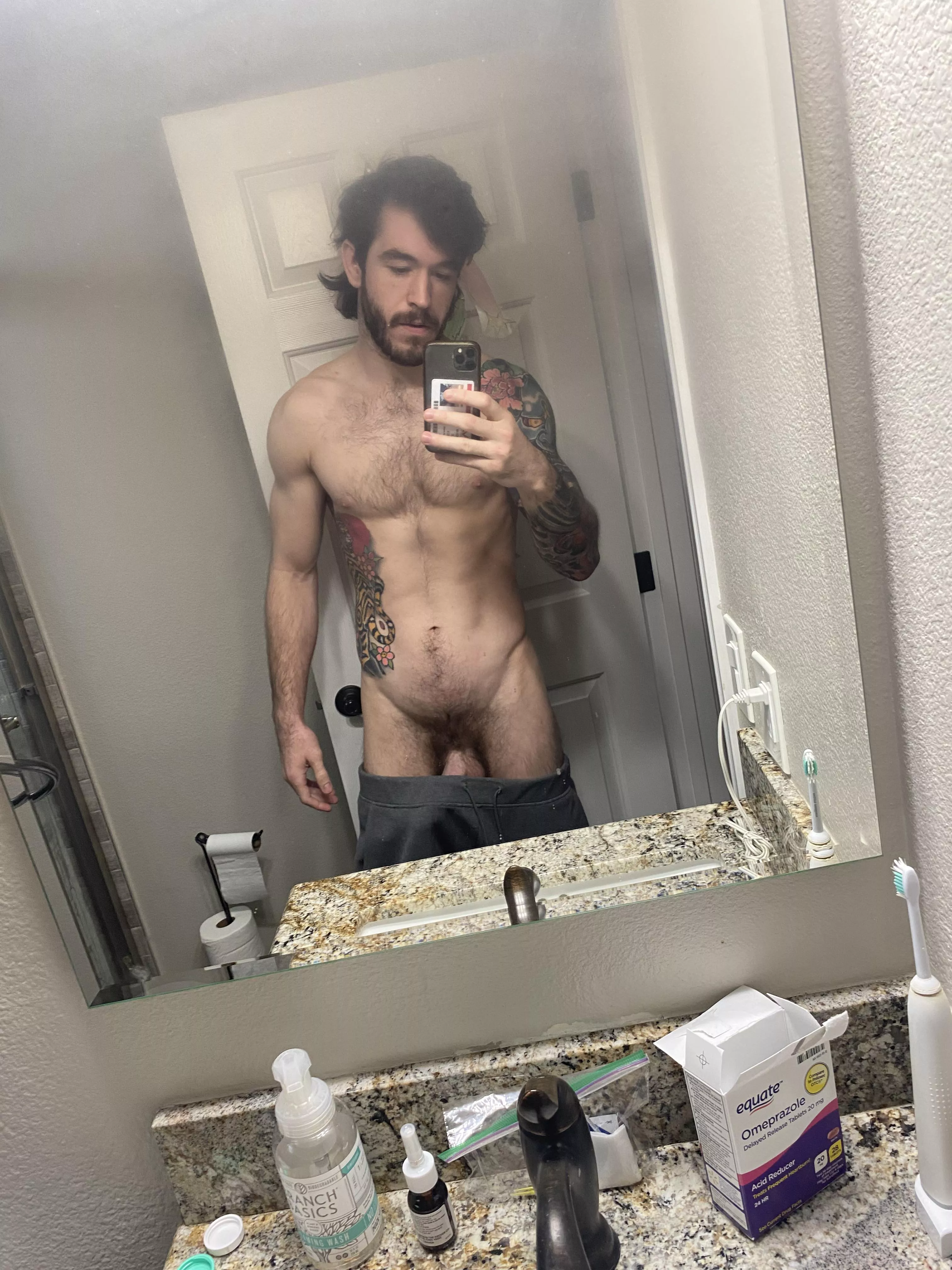 Messy bed hair and steamy shower mirror