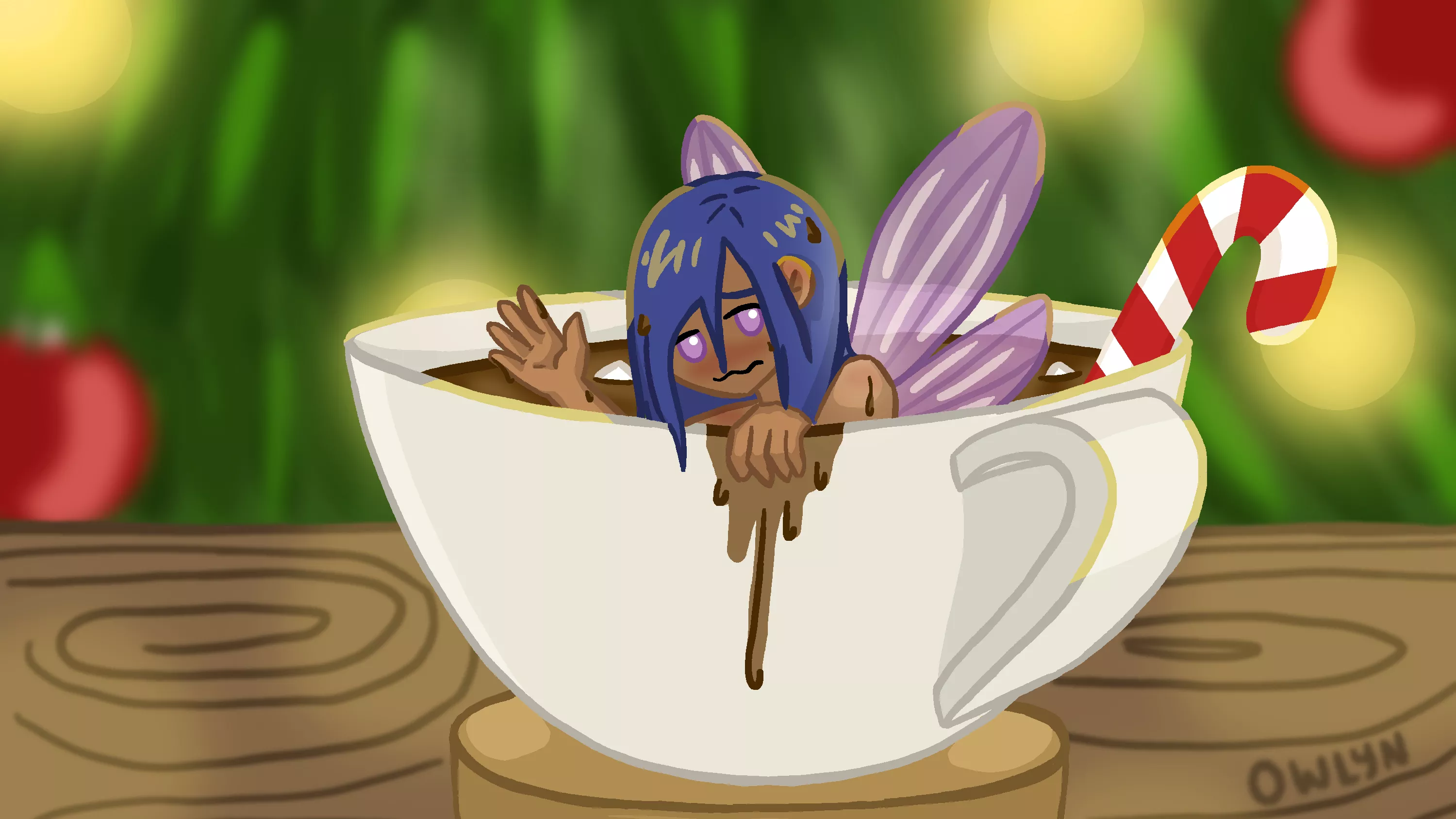 [Fairy] She accidentally crashed into your hot chocolate, but don't worry, it wasn't hot enough to burn her! Unfortunately the Christmas tree lights are a bit disorienting when she's in flight.