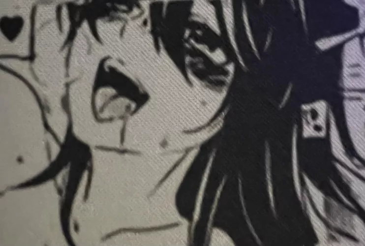 Lf mono source 1girl, black hair, tounge out, blushing, black heart, sweating, teeth, collar bone