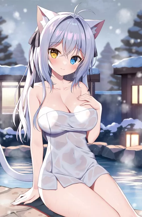 Neko at the onsen (mauve)