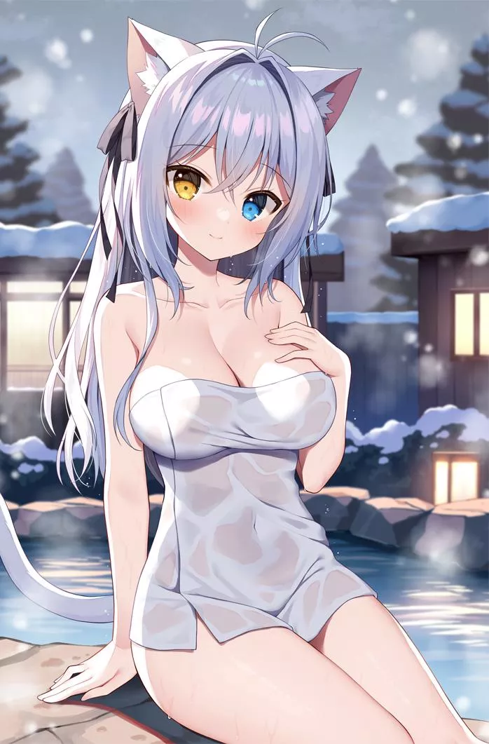 Neko at the onsen (mauve)