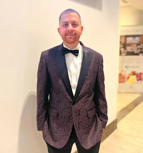 Christmas party with a crooked bow tie