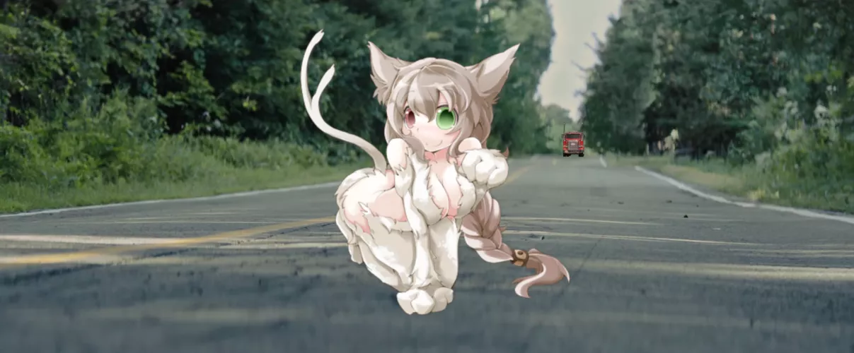 You’re eating outside. Suddenly, a soft voice echoes from the road, “Funya! ♪” A nekomata, tail swaying invitingly, appears. Sensing she might be in heat, what do you do next?