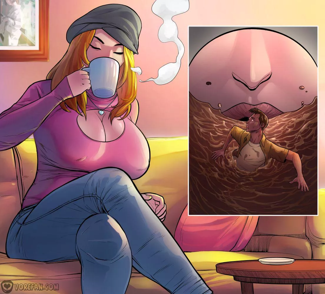 {Image} Death by Caffeine? (Altercomics - Andrestronik) [giantess, unaware, sizeplay vore, male prey, shrunken man]