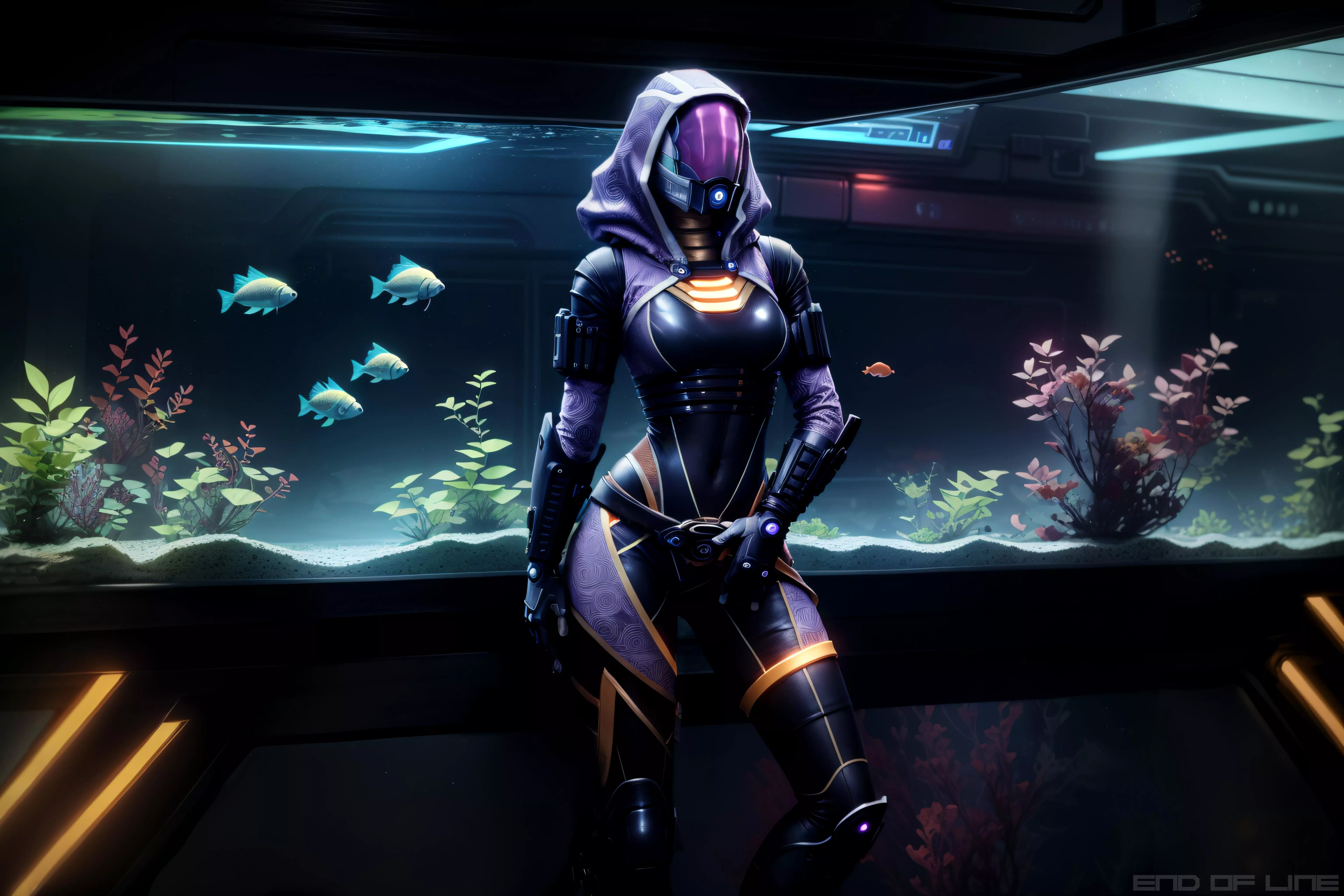 Tali'Zorah lounging in Shepard's quarters. AI with photoshop, editing and 3D designed pose by me.