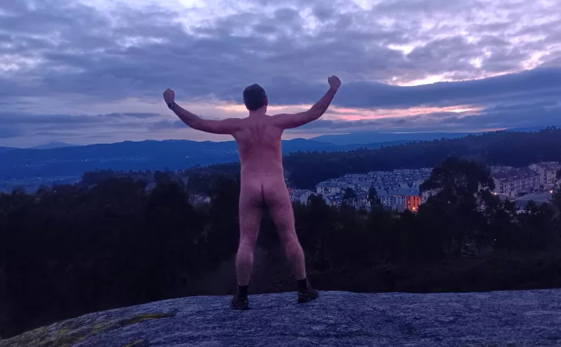 Urban nudism. Sunset hunter, winter time.