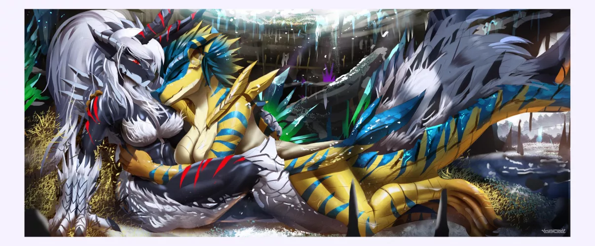 A follower wanted me to design a human female hybrid version of Zinogre and Tigrex cuddling from winter cx (Art by me @ichimoral )