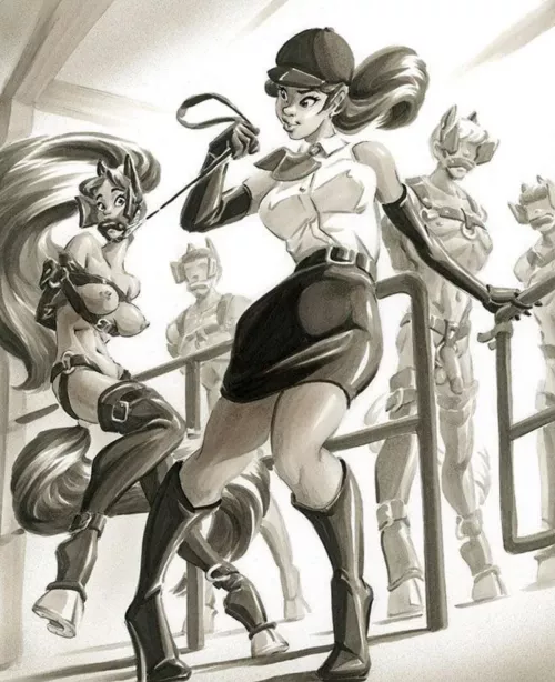 A Pony girl in the horse pasture with male horses