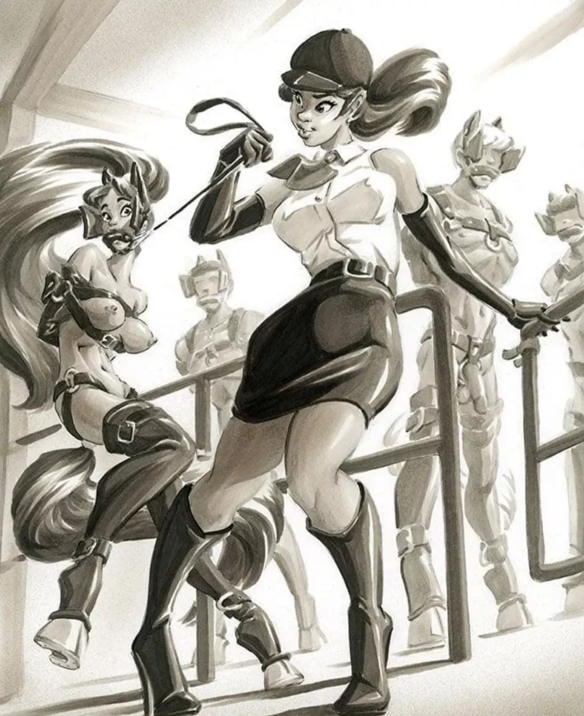 A Pony girl in the horse pasture with male horses