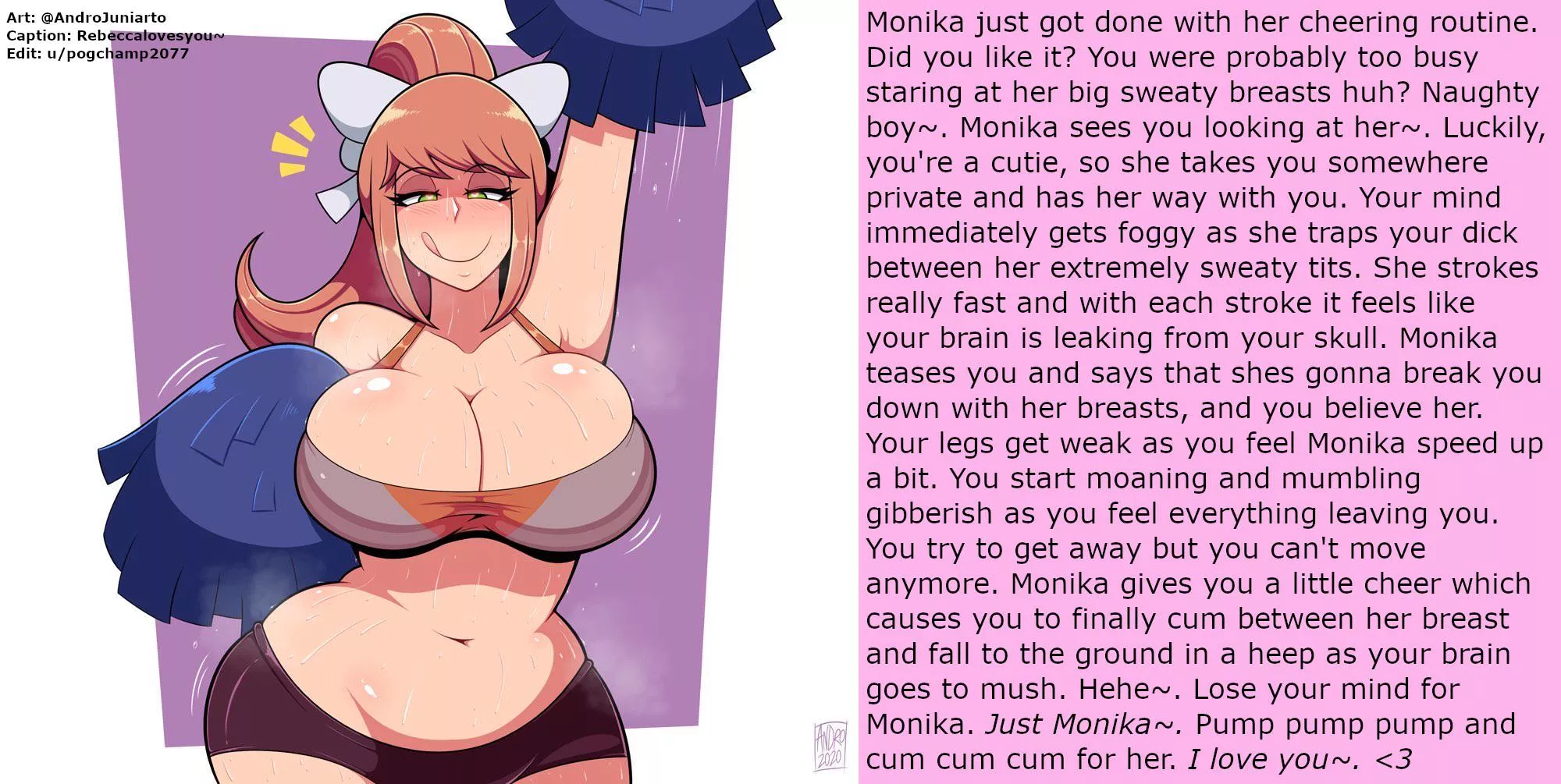Monika Cheers for You [Sweaty] [Plump] [Cheerleader] [Paizuri] [Masturbation Encouragement] [Wholesome] [Art by AndroJuniarto] [Caption by Rebeccalovesyou~] [Source in Comments]