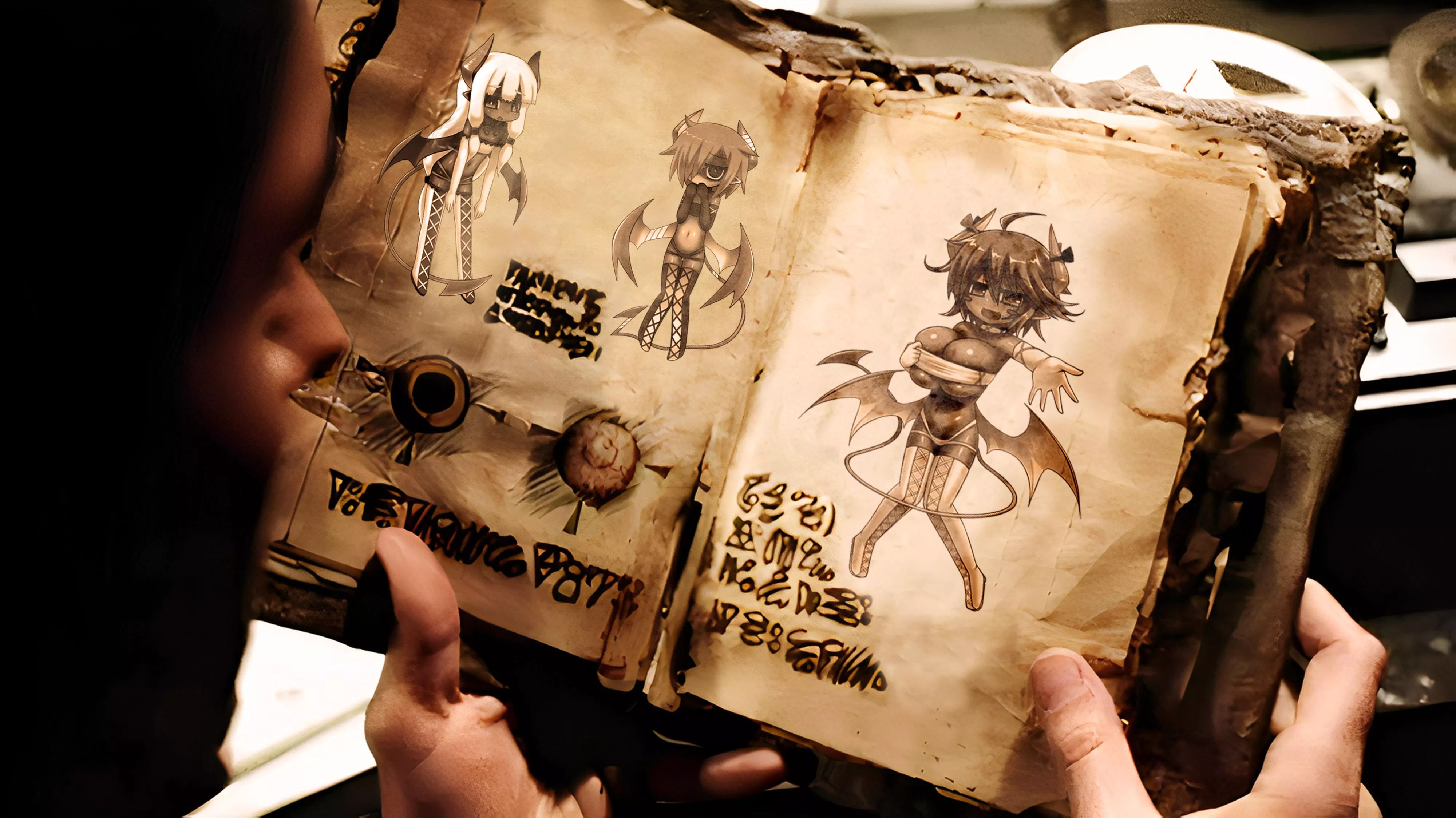 “What the-?” You find a dusty old book in your attic. Picking it up, you read the title: “Monsternomicon Ex-Lewdis”. Turning to the first page, you notice three cryptic figurines accompanied by an ominous incantation. Do you recite it? “What the-?” You find a dusty old book in your attic. Picking it up, you read the title: “Monsternomicon Ex-Lewdis”. Turning to the first page, you notice three cryptic figurines accompanied by an ominous incantation. Do you recite it?