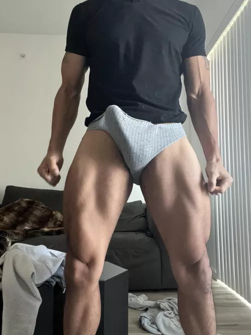 Skin tight bulge in briefs.