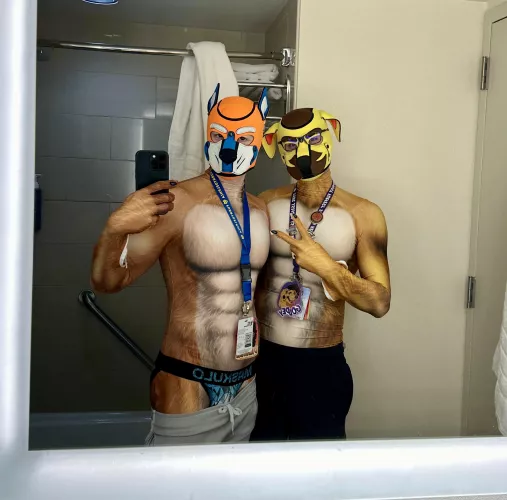 An (almost) wholesome picture of the bf and I in our new hoods 🐶