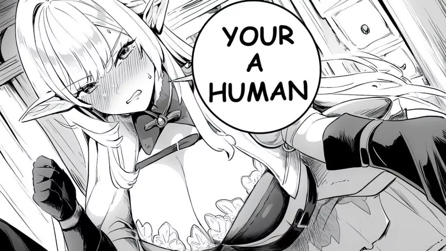 LF Mono Source: 1girl, elf, pointy ears, long hair, blond, sidelocks, blush, long eyelashes, sweat, teeth grinding, big boobs, cleavage, looking at viewer, your a human