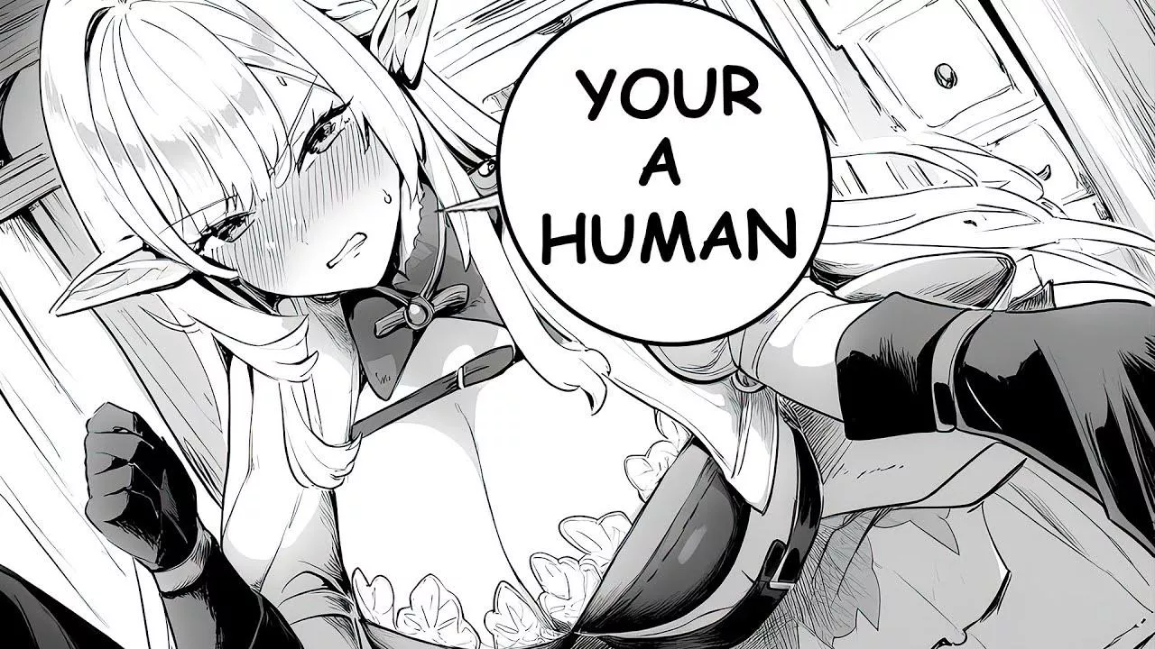 LF Mono Source: 1girl, elf, pointy ears, long hair, blond, sidelocks, blush, long eyelashes, sweat, teeth grinding, big boobs, cleavage, looking at viewer, your a human