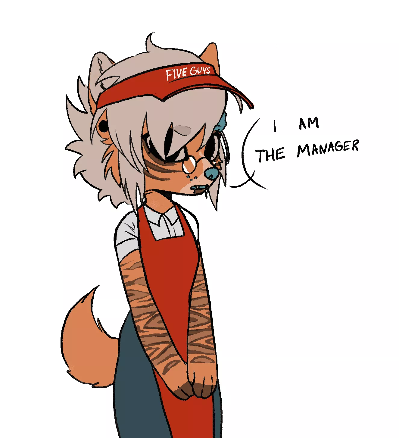 Another day of drawing my fursona in random uniforms! 5 upvotes and I get myself a burger and fries and hope she serves it to me