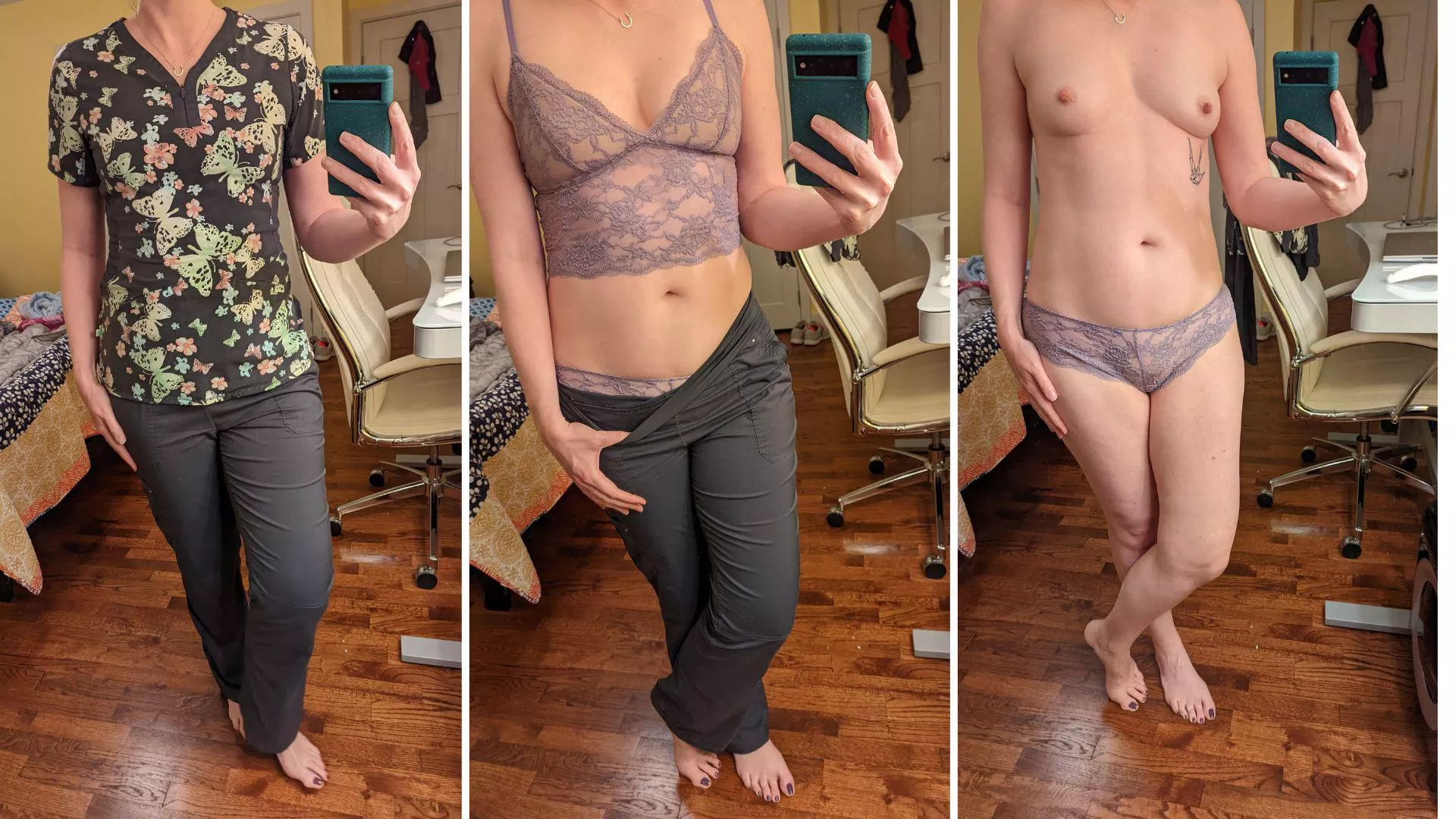 Print top, light purple lingerie, on vs off.
