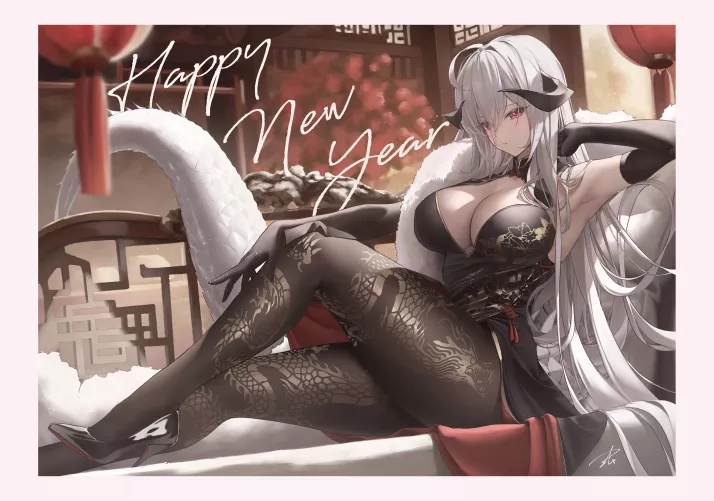 happy new year from horned dragon girl in China dress [original]