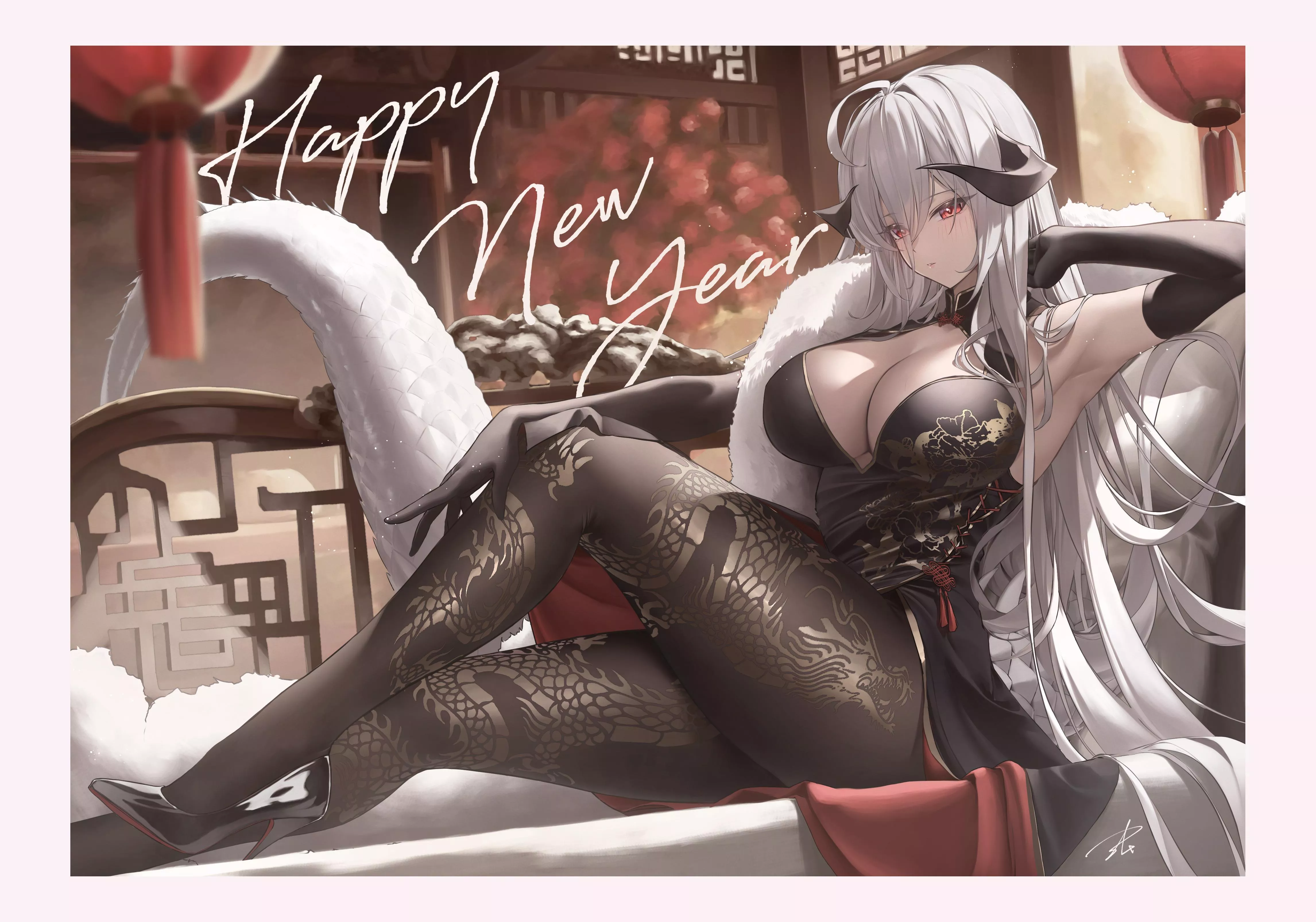 happy new year from horned dragon girl in China dress [original]
