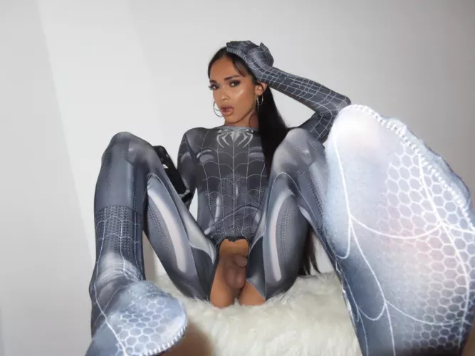 The Spiderman costume stays ON while you suck on my cute cock