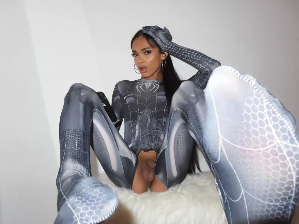 The Spiderman costume stays ON while you suck on my cute cock