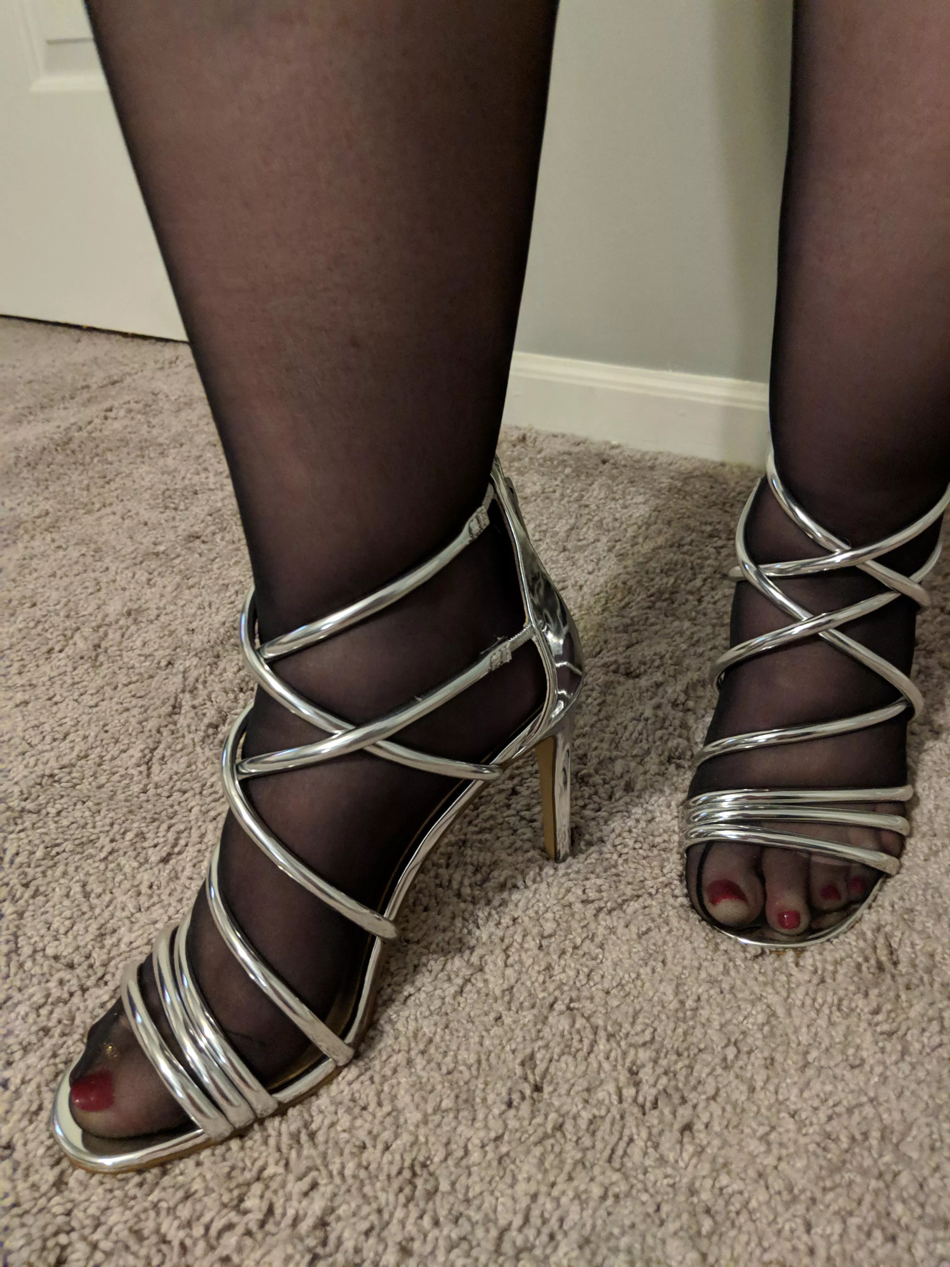 Silver strappy heels open toe with black pantyhose might need a different color- Image