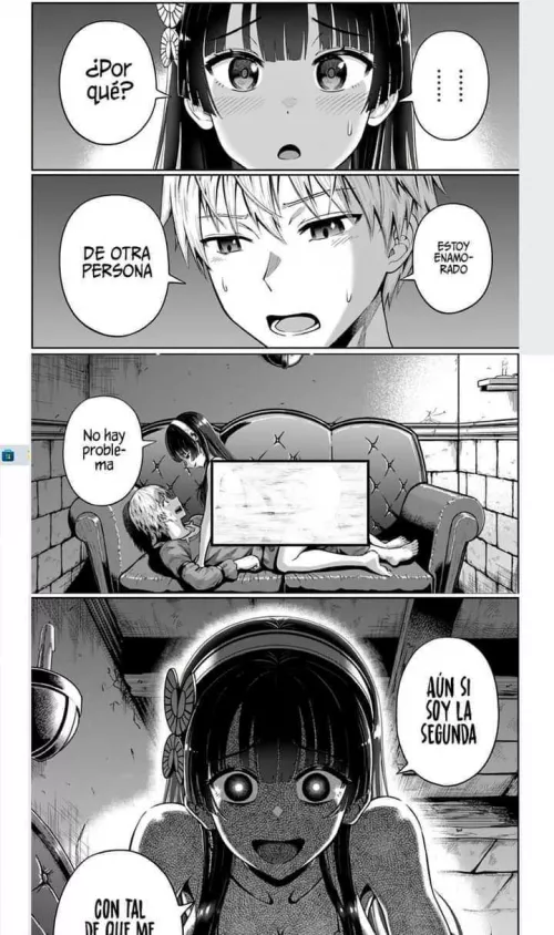 Lf Mono Source : 1girl, 1boy, yandere, on top of sofa, girl blushing, boy sweating, headband, brick walls, sweater, reverse rape, 4 panels, spanish language, por que?, Estoy enamorado de otra persona, no hay proble-ma, aun si soy la segunda, con tal de q