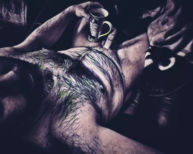 Stretching out this morning, enjoying the morning brew.