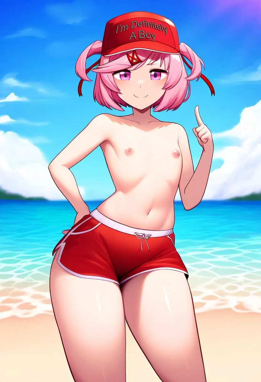 Natsuki bring risky at the beach (ai generated, edited by me)