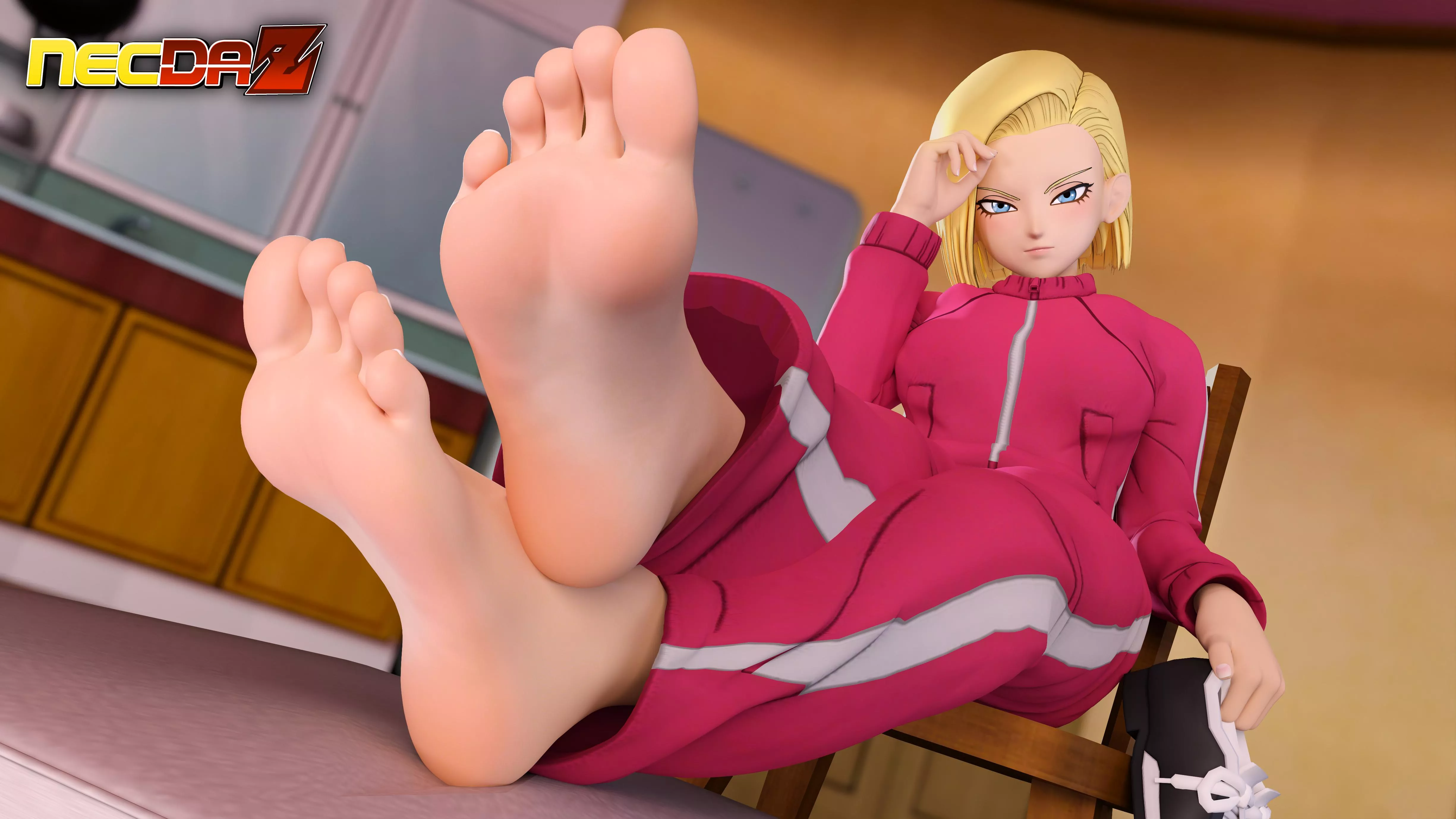 [Dragon Ball Super] Android 18 goes barefoot in her pink tracksuit outfit (necdaz91)