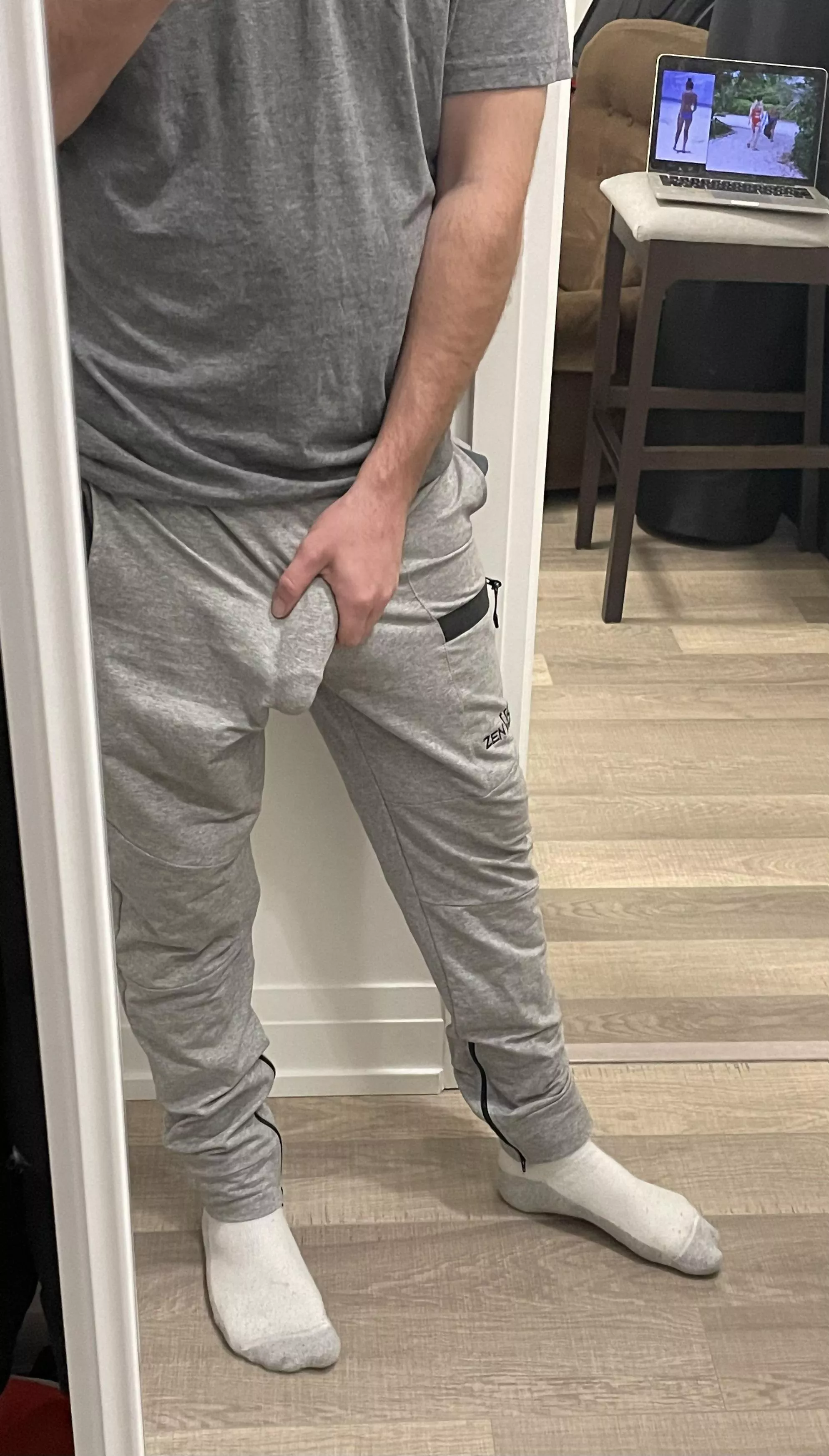 Comments on commando in grey sweats?