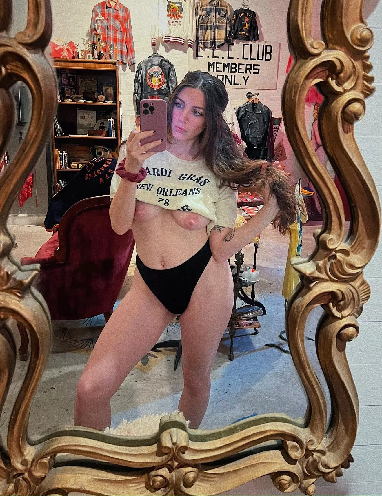 Trying on some new underwear at the store