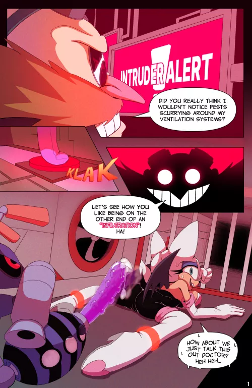 How nice of Rouge to help Eggman with his latest badnick creation (Artist:34Frames)