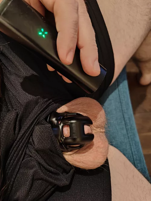 [M] I get so horny when I'm high. That's why I'm locked in a chastity cage.