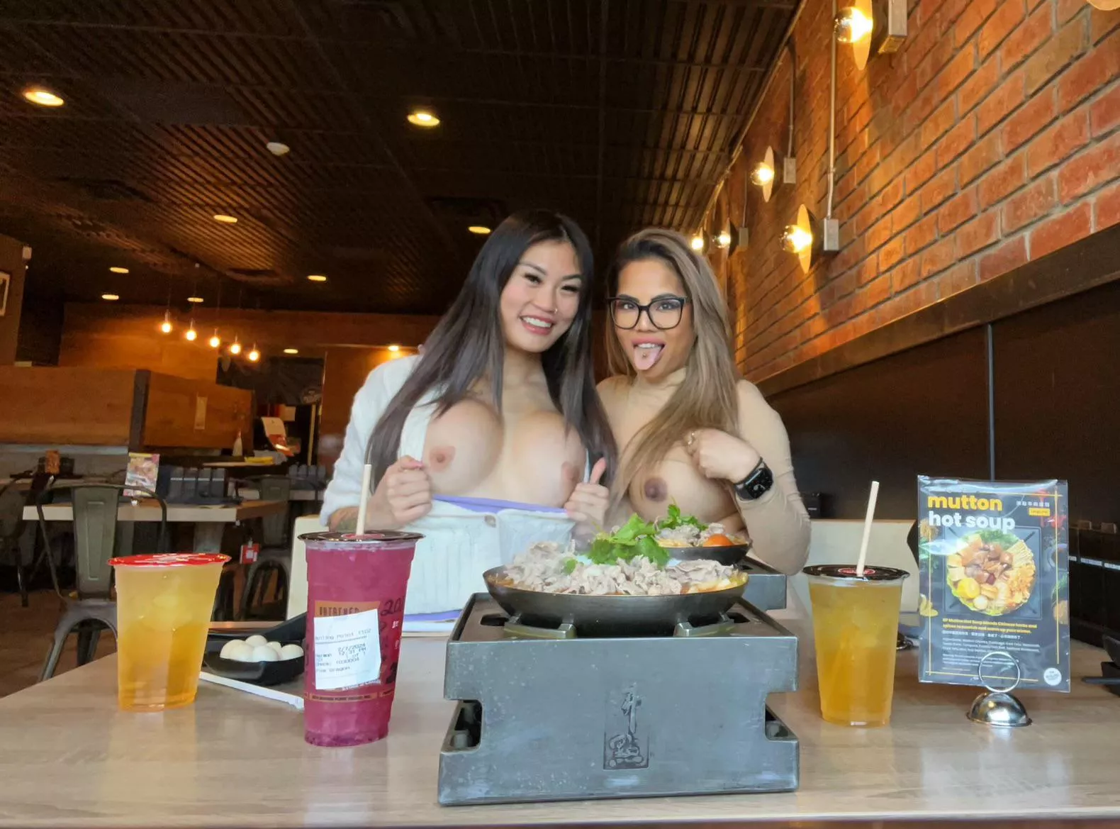 Tits out at hot pot lunch!