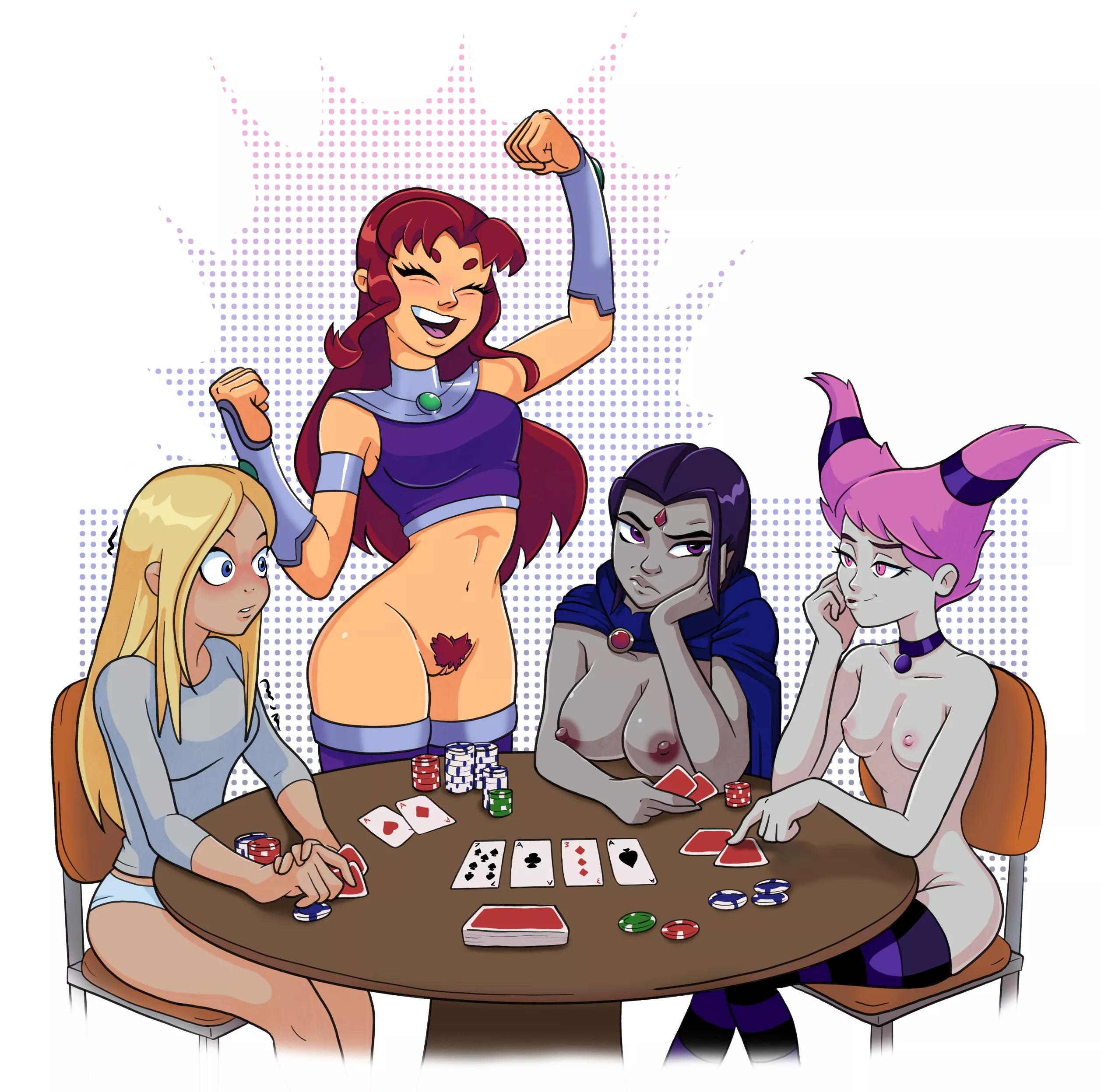 [Blargar] (Teen Titans) Starfire, Raven, Jinx, and Terra enjoying strip poker. All characters are adults