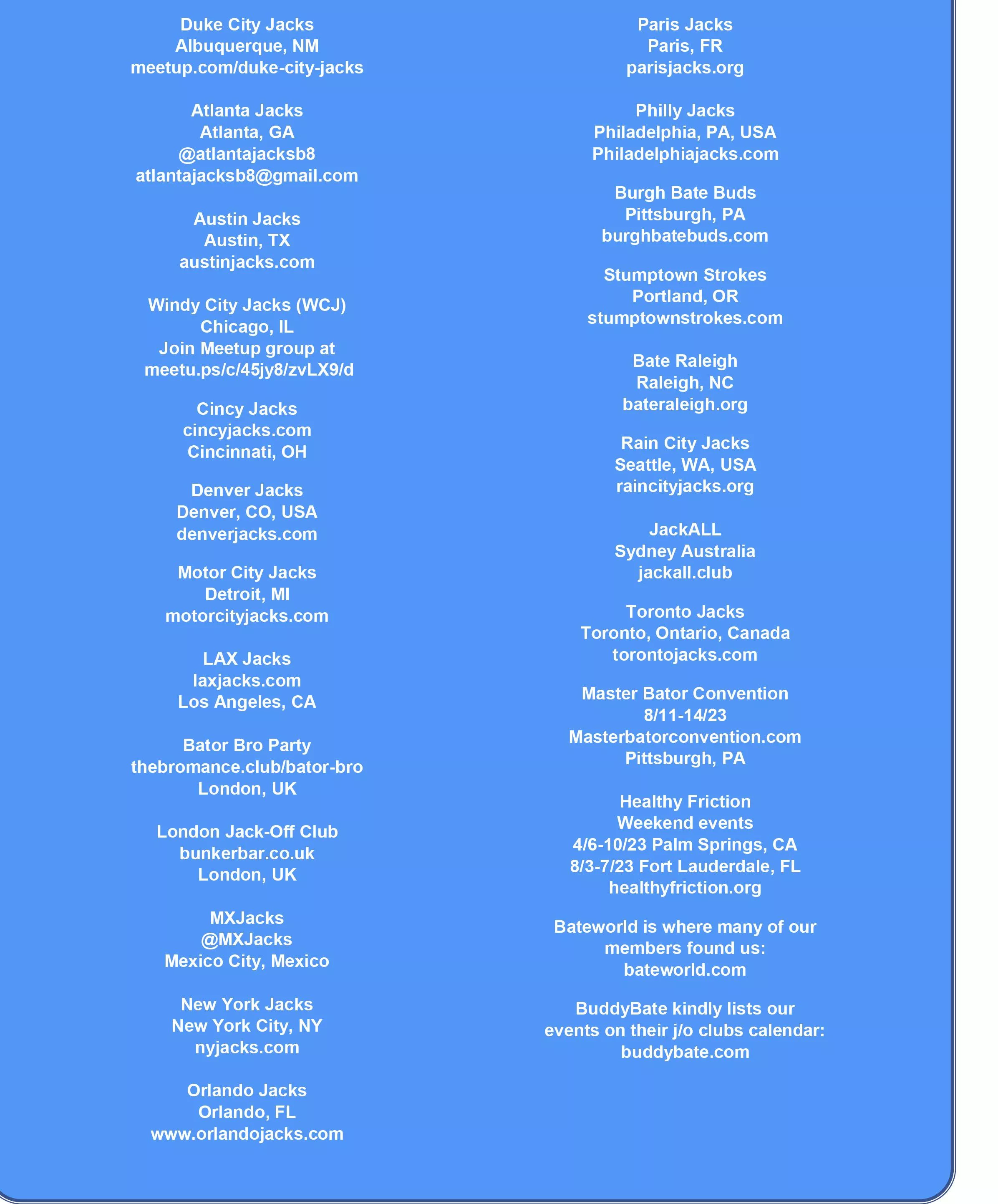 If you would like to hang out with your wang out with a group of guys that like tugging their penis as much as you then here is a list of cities that host Jacks events and how to contact the club owners on how to join