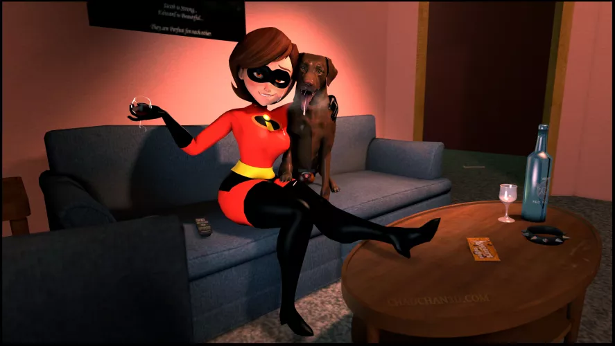Just Helen putting on her old outfit, getting a lil tipsy, and playing with her dog. [Incredibles] (ChadChan3D)