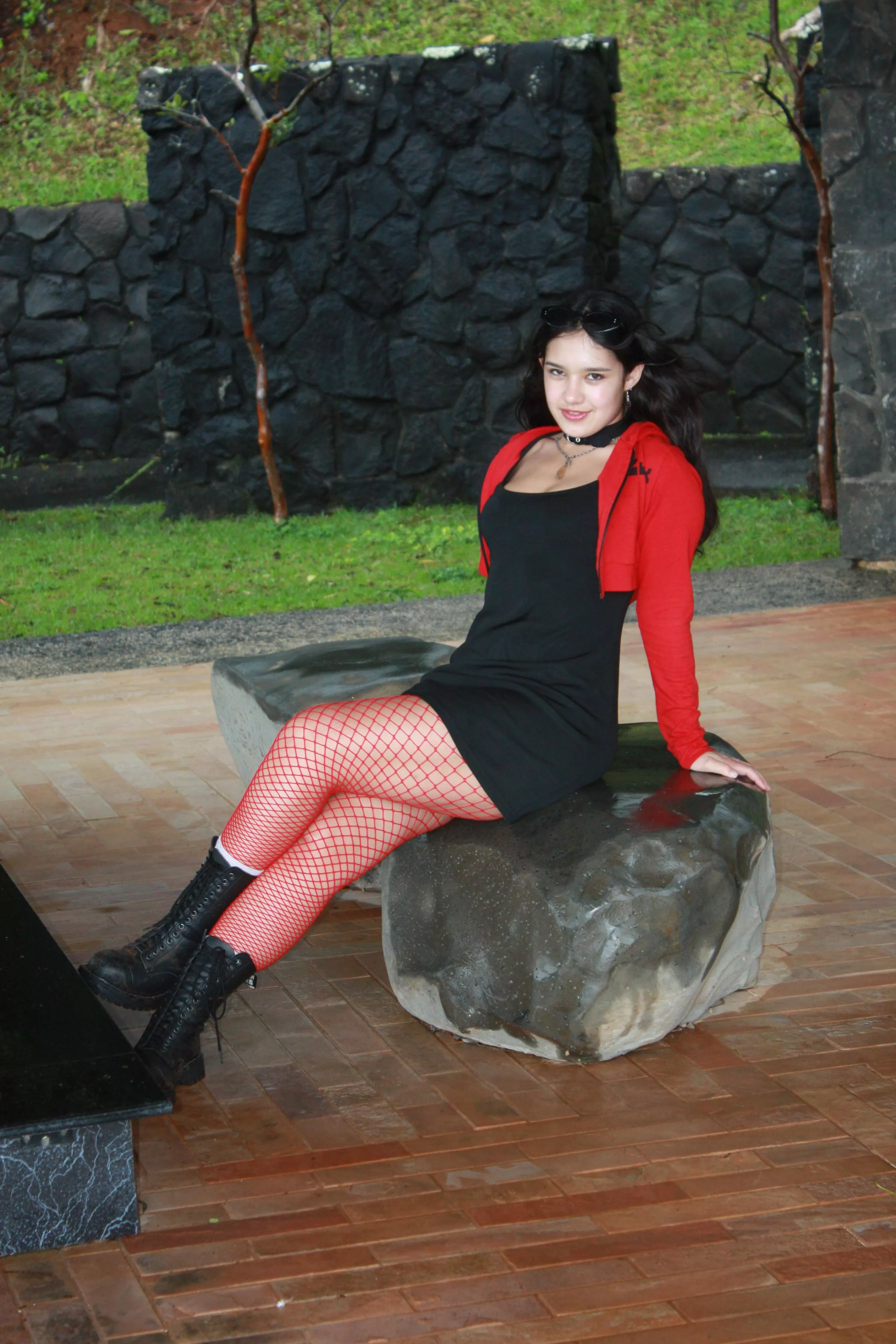 Showing off my red fishnets and big black boots