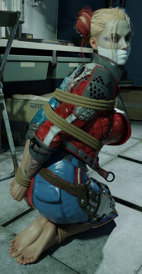 [suicide squad: kill the justice league] Harley Quinn barefoot bound and gagged (theblendertaper)